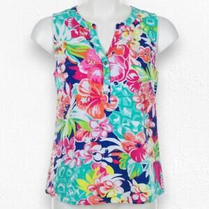 Caribbean Joe Multicolor Sleeveless Tropical Print V Neck Blouse Size Medium